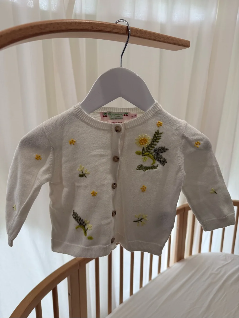 Bonpoint Knit Cardigan with Yellow & Green Floral Embroidery